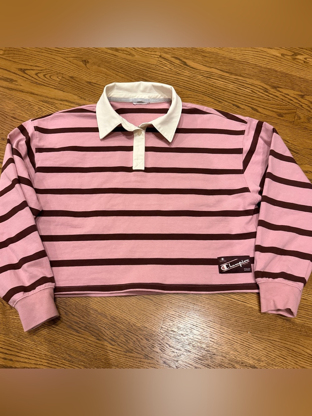 Champion Pink Striped Cropped Long Sleeve Rugby Polo Women’s Size L
